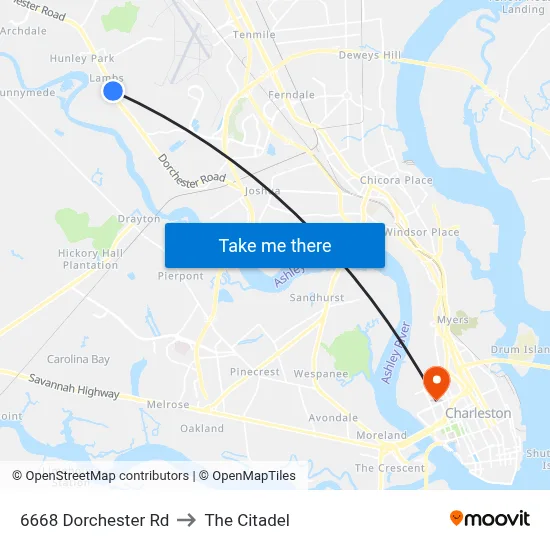 6668 Dorchester Rd to The Citadel map