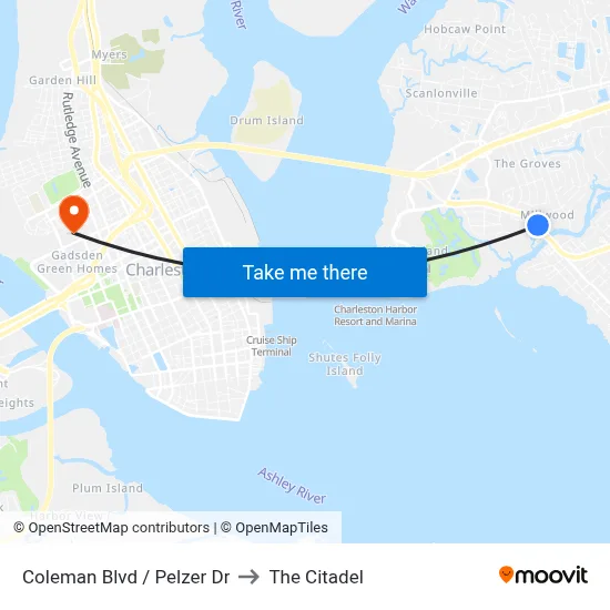 Coleman Blvd / Pelzer Dr to The Citadel map