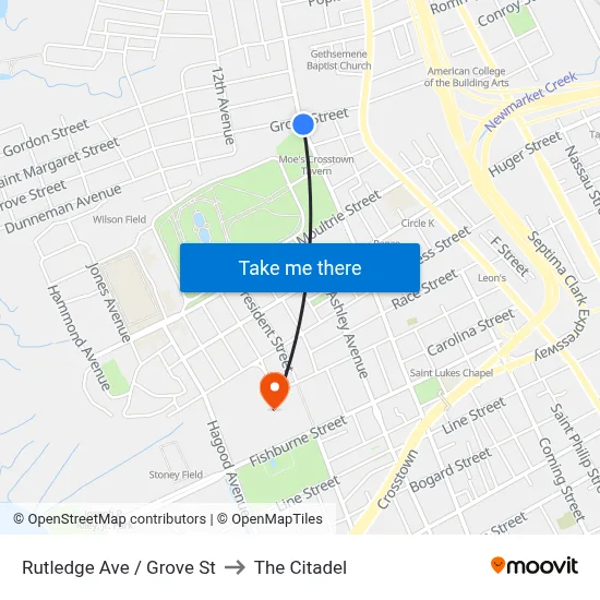 Rutledge Ave / Grove St to The Citadel map