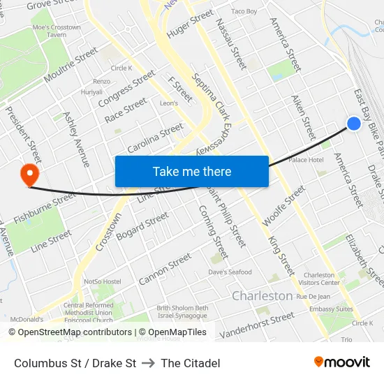 Columbus St / Drake St to The Citadel map