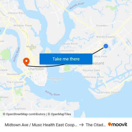 Midtown Ave / Musc Health East Cooper to The Citadel map