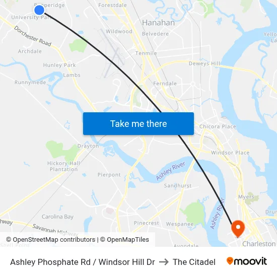 Ashley Phosphate Rd / Windsor Hill Dr to The Citadel map