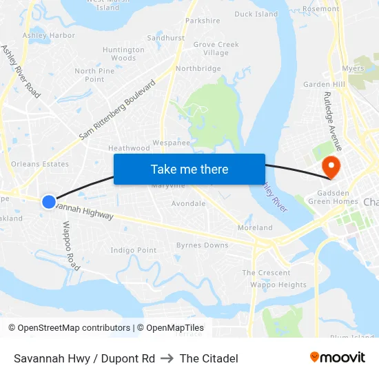 Savannah Hwy / Dupont Rd to The Citadel map
