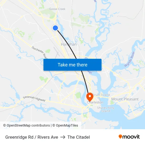 Greenridge Rd / Rivers Ave to The Citadel map