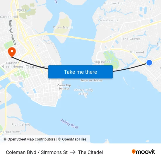 Coleman Blvd / Simmons St to The Citadel map