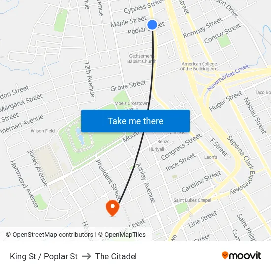 King St / Poplar St to The Citadel map