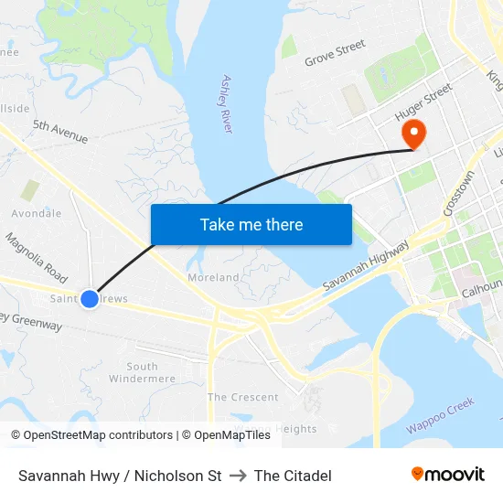 Savannah Hwy / Nicholson St to The Citadel map