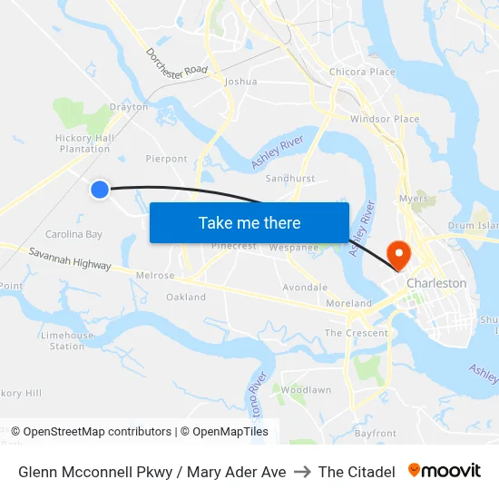 Glenn Mcconnell Pkwy / Mary Ader Ave to The Citadel map