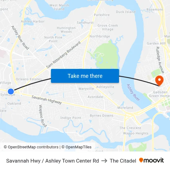 Savannah Hwy / Ashley Town Center Rd to The Citadel map
