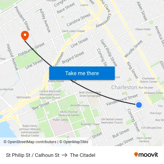 St Philip St / Calhoun St to The Citadel map