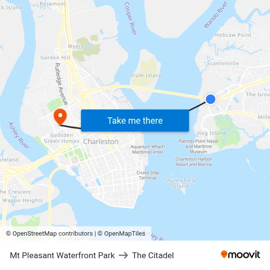 Mt Pleasant Waterfront Park to The Citadel map
