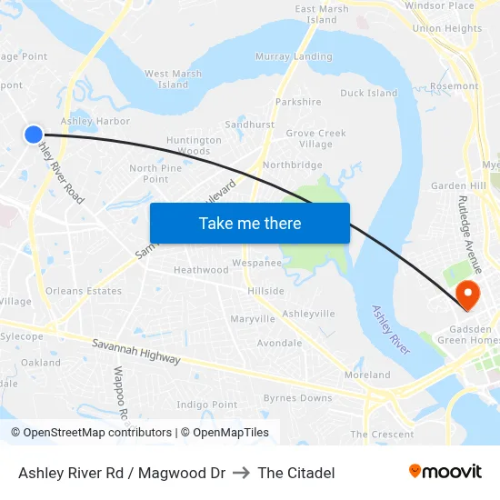 Ashley River Rd / Magwood Dr to The Citadel map