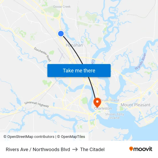 Rivers Ave / Northwoods Blvd to The Citadel map