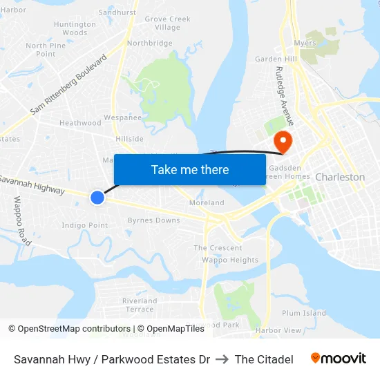 Savannah Hwy / Parkwood Estates Dr to The Citadel map