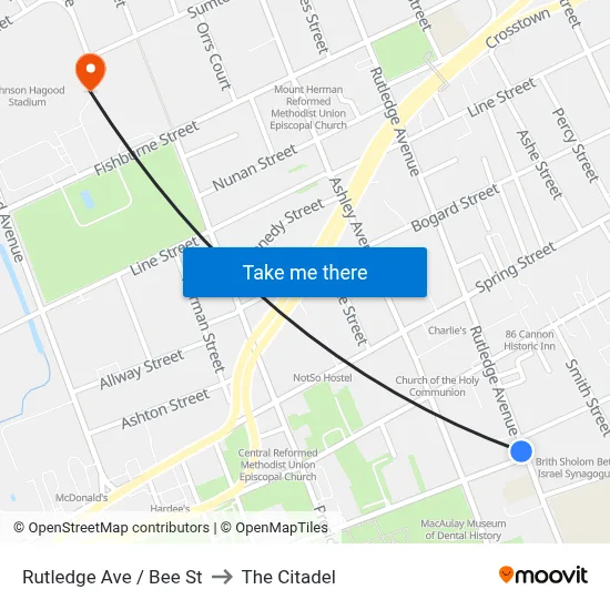 Rutledge Ave / Bee St to The Citadel map