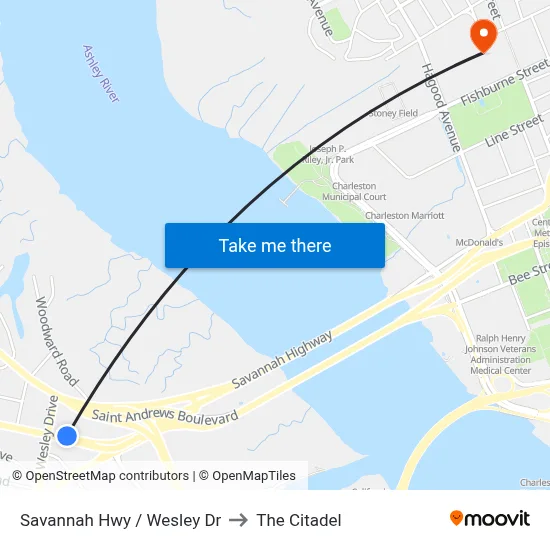 Savannah Hwy / Wesley Dr to The Citadel map