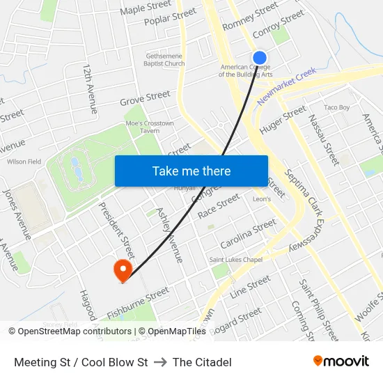 Meeting St / Cool Blow St to The Citadel map