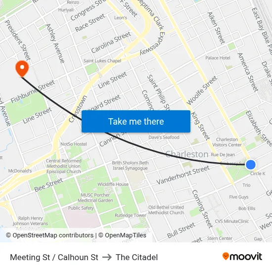 Meeting St / Calhoun St to The Citadel map
