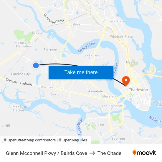 Glenn Mcconnell Pkwy / Bairds Cove to The Citadel map