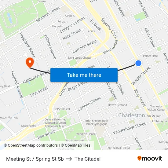 Meeting St / Spring St Sb to The Citadel map