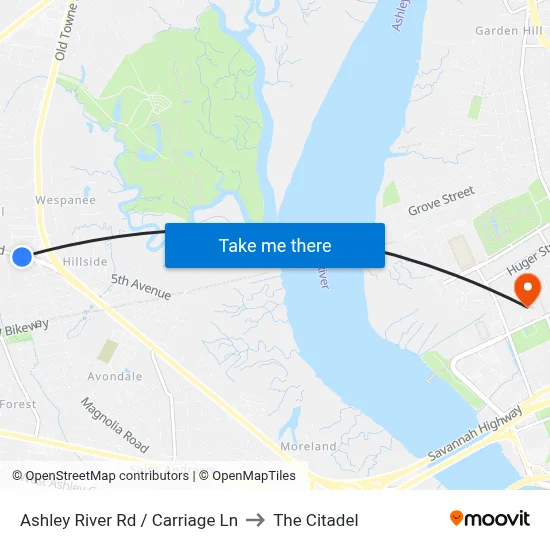 Ashley River Rd / Carriage Ln to The Citadel map