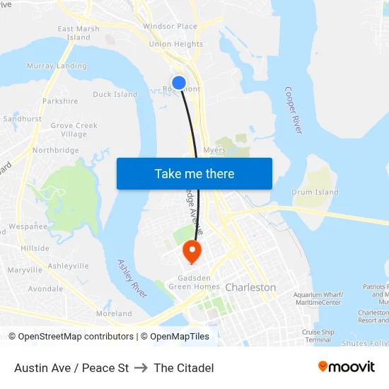 Austin Ave / Peace St to The Citadel map