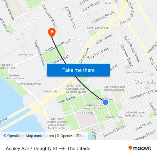 Ashley Ave / Doughty St to The Citadel map