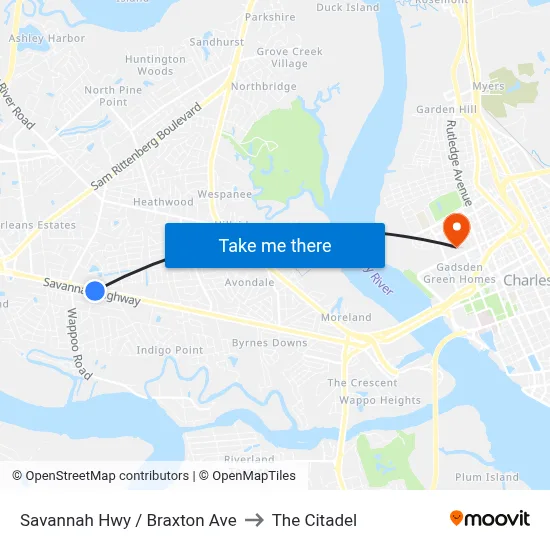 Savannah Hwy / Braxton Ave to The Citadel map