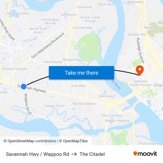 Savannah Hwy / Wappoo Rd to The Citadel map