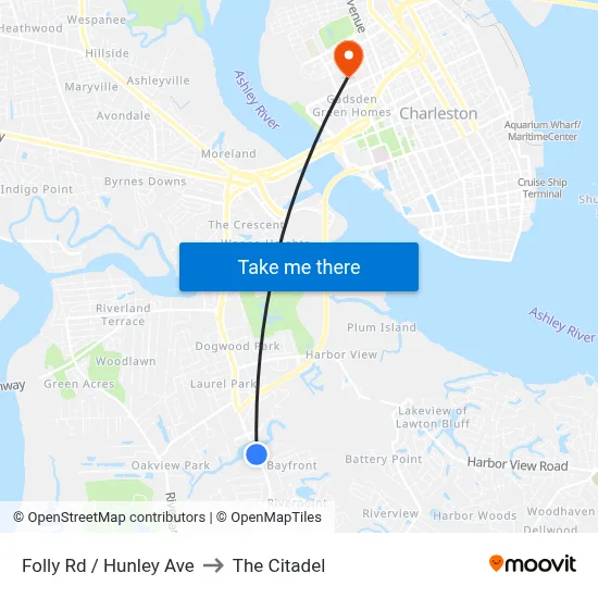 Folly Rd / Hunley Ave to The Citadel map