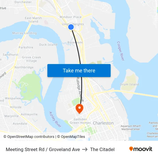 Meeting Street Rd / Groveland Ave to The Citadel map