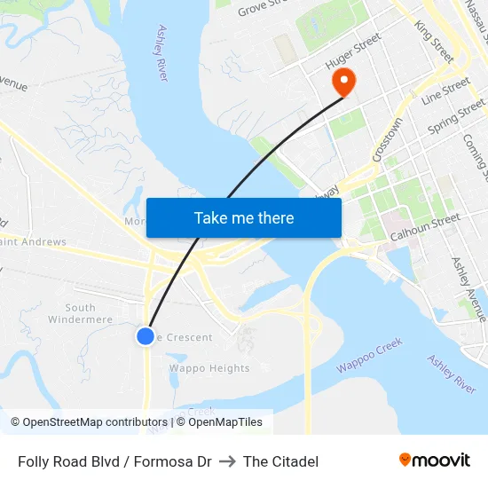 Folly Road Blvd / Formosa Dr to The Citadel map