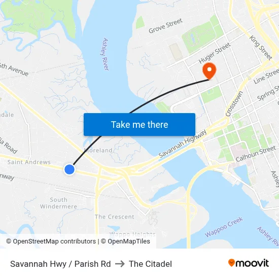 Savannah Hwy / Parish Rd to The Citadel map