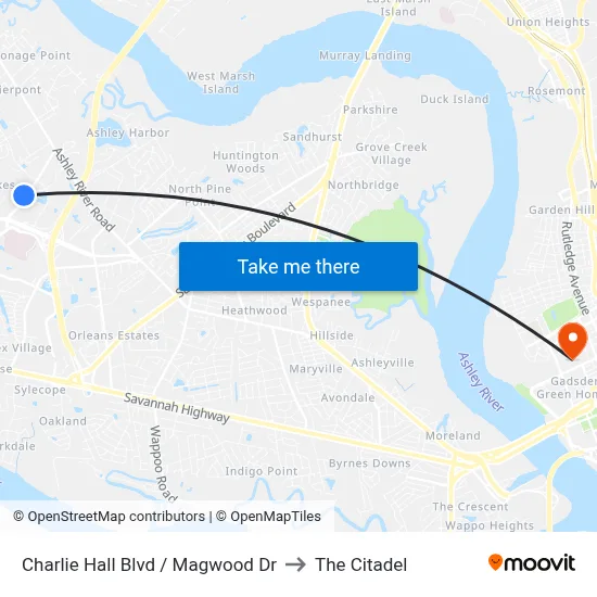 Charlie Hall Blvd / Magwood Dr to The Citadel map