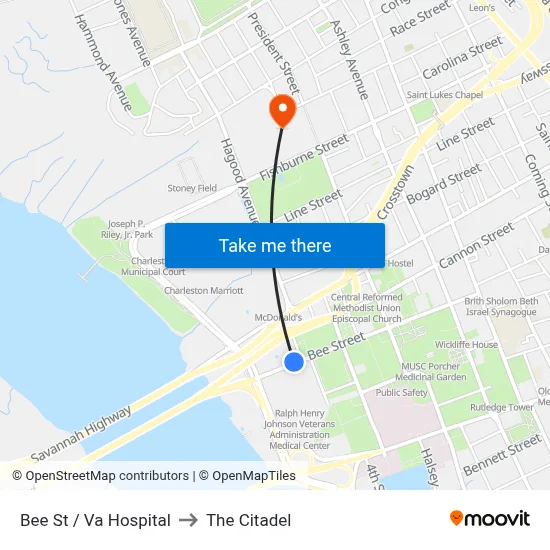 Bee St / Va Hospital to The Citadel map