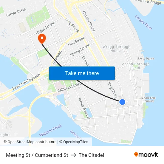 Meeting St / Cumberland St to The Citadel map