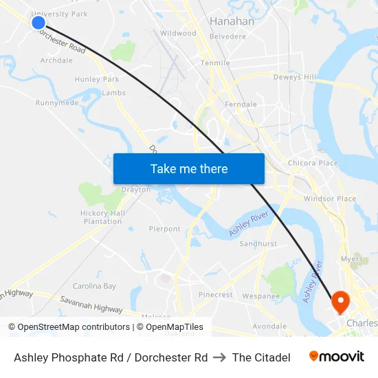 Ashley Phosphate Rd / Dorchester Rd to The Citadel map