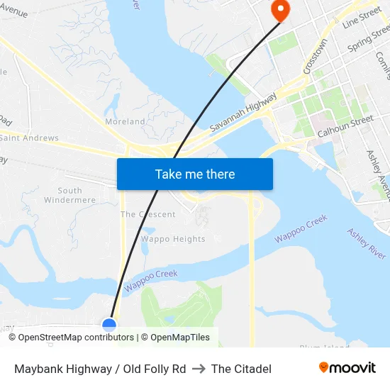 Maybank Highway / Old Folly Rd to The Citadel map