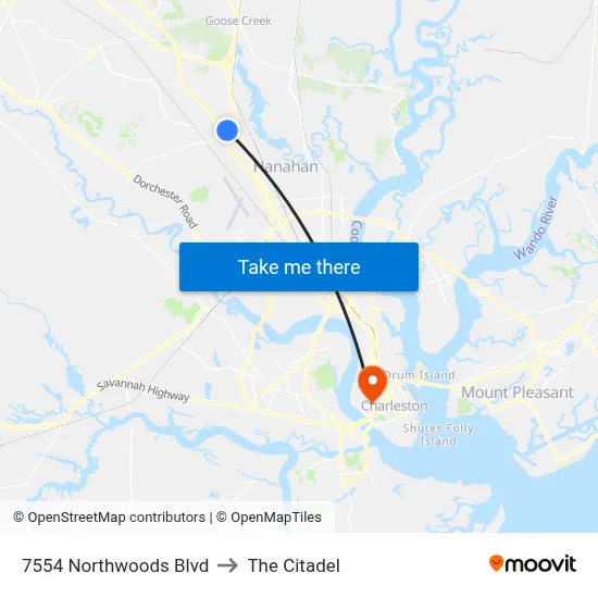 7554 Northwoods Blvd to The Citadel map
