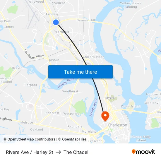 Rivers Ave / Harley St to The Citadel map