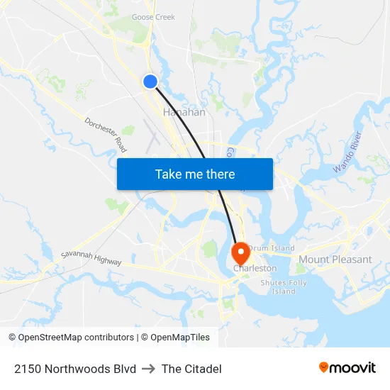2150 Northwoods Blvd to The Citadel map