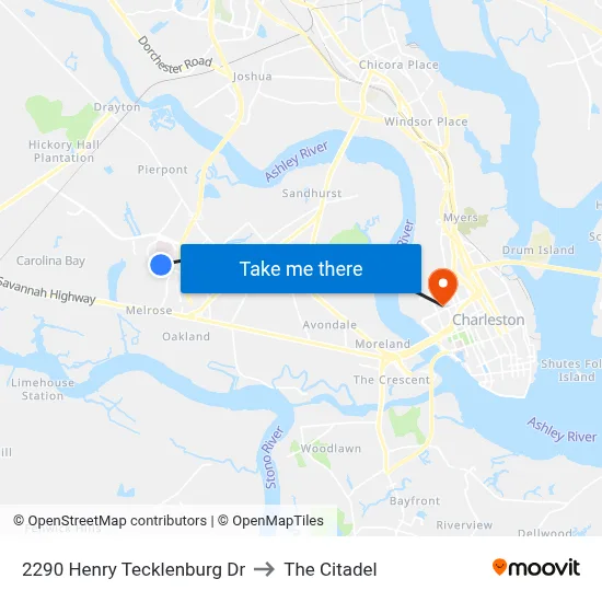 2290 Henry Tecklenburg Dr to The Citadel map