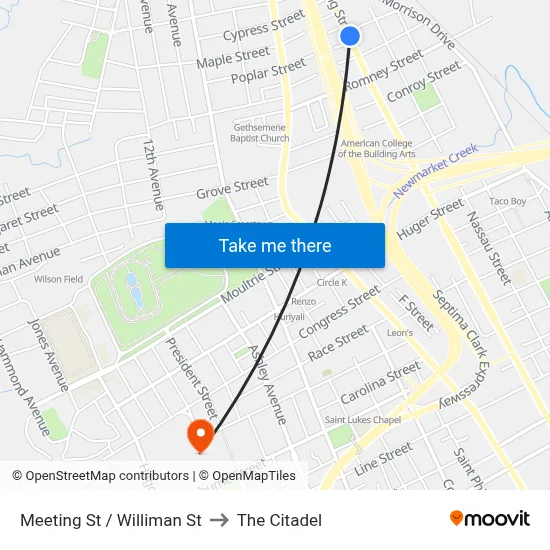 Meeting St / Williman St to The Citadel map