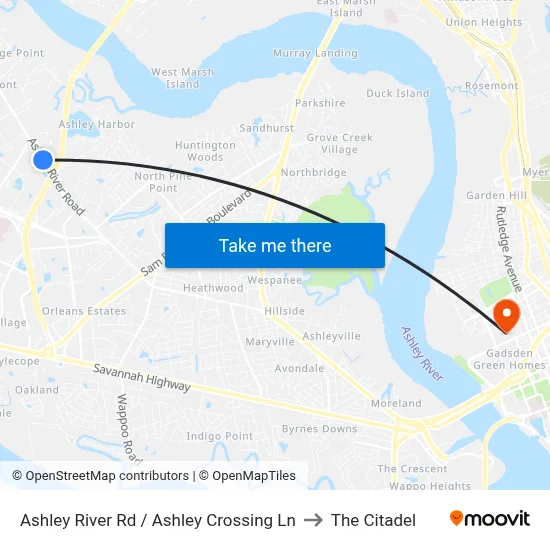 Ashley River Rd / Ashley Crossing Ln to The Citadel map