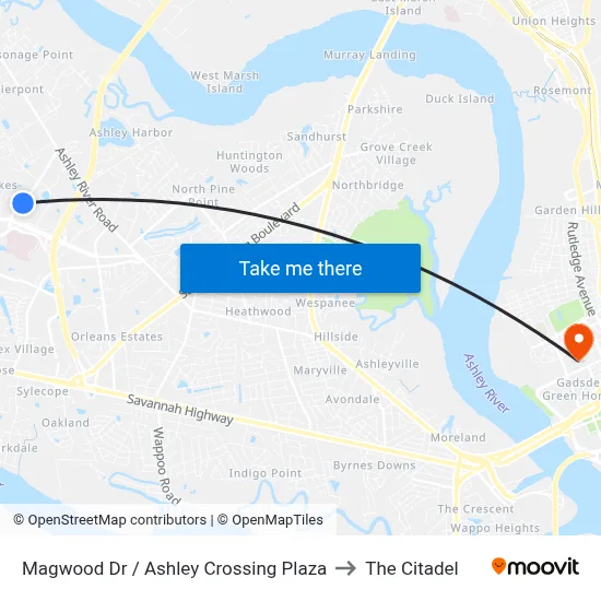 Magwood Dr / Ashley Crossing Plaza to The Citadel map