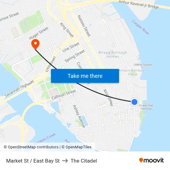 Market St / East Bay St to The Citadel map