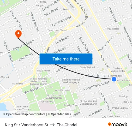 King St / Vanderhorst St to The Citadel map