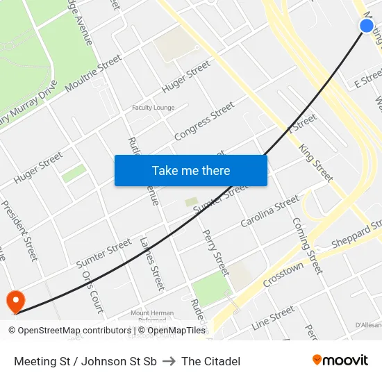 Meeting St / Johnson St Sb to The Citadel map