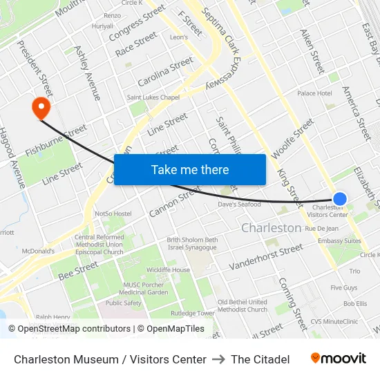 Charleston Museum / Visitors Center to The Citadel map