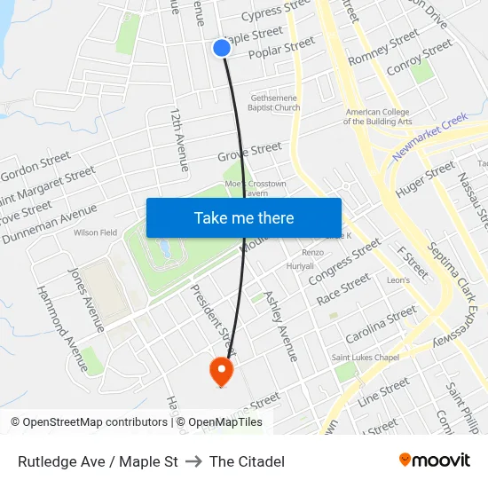 Rutledge Ave / Maple St to The Citadel map
